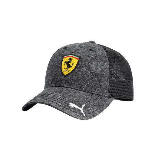 Main View of the Men's Puma Black Scuderia Ferrari Fanwear Trucker Adjustable Hat in Grey/Black at FAST RACER