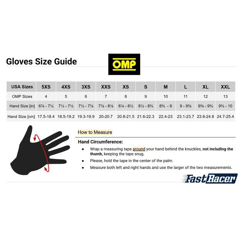 OMP Racing Gloves and Kart Gloves Size Chart - Fast Racer