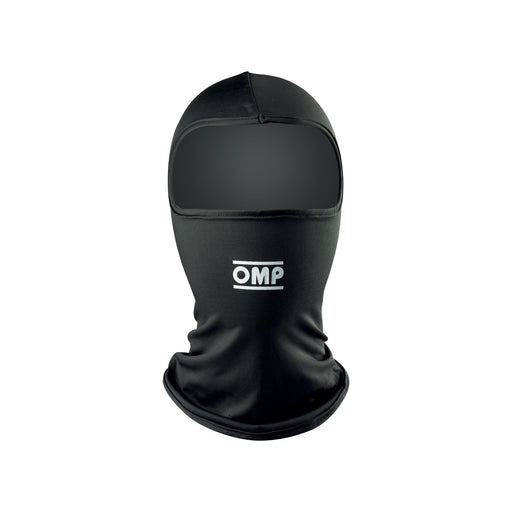 Front view of the OMP Kart Balaclava in Black color at FAST RACER.