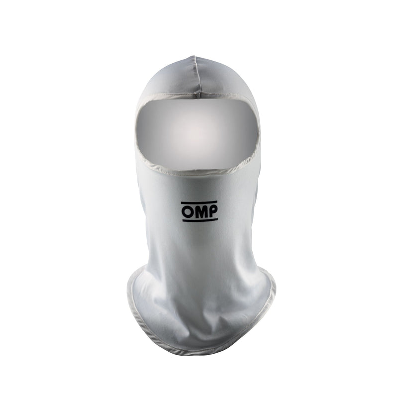 Front view of the OMP Kart Balaclava in White color at FAST RACER.