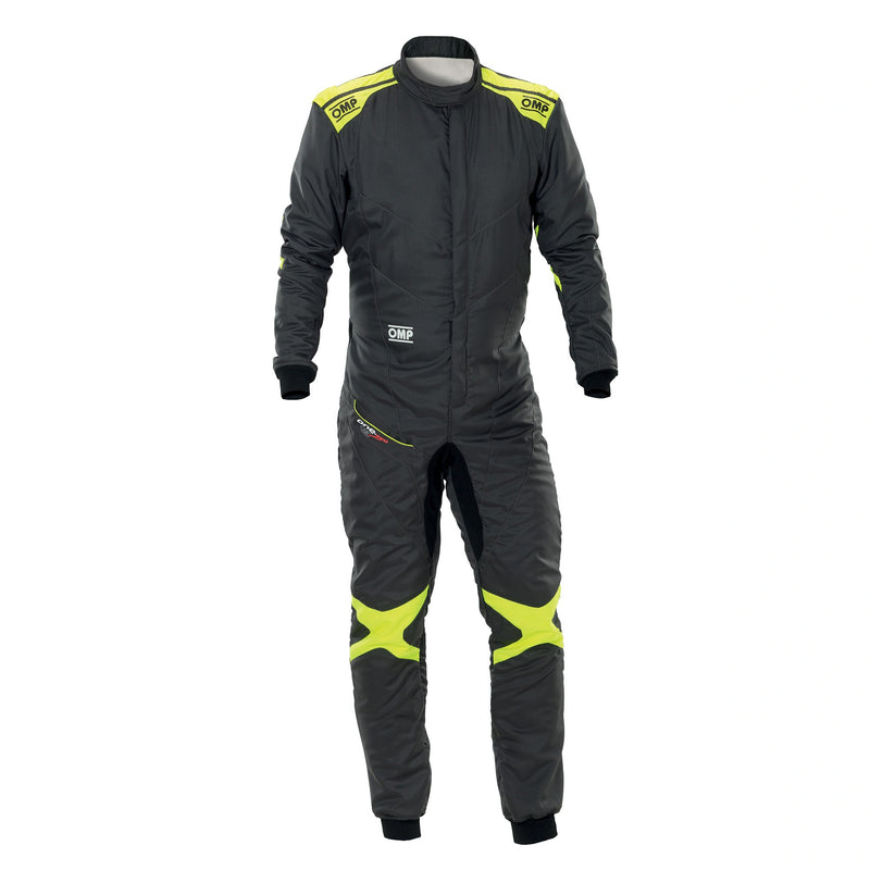 Full front view of the ONE EVO AIR SUIT FIA in Black/Yellow  color at Fast Racer.