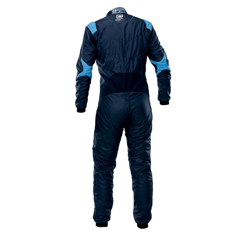 Full back view of the ONE EVO AIR SUIT FIA in Navy Blue/Cyan  color at Fast Racer.