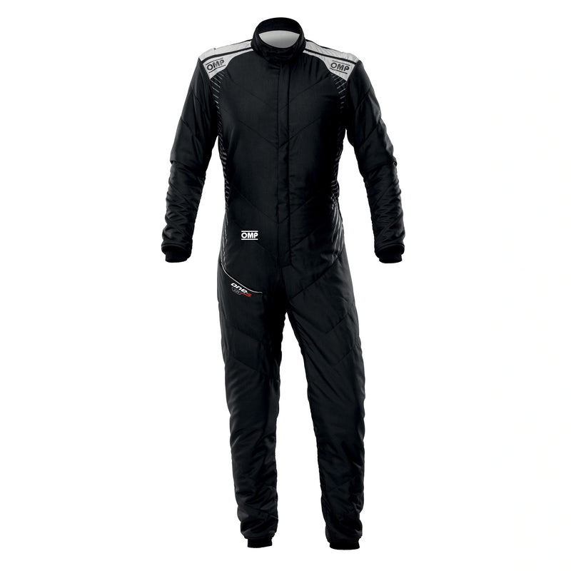 Front view of OMP ONE-S AIR Racing Suit FIA in Black color at FAST RACER.