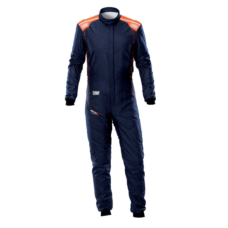 Front view of OMP ONE-S AIR Racing Suit FIA in Navy Blue color at FAST RACER.