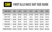 Size chart for the  OMP FIRST ELLE Women Racing Suit SFI - FIA / 2025 Model in Black and White color at FAST RACER.