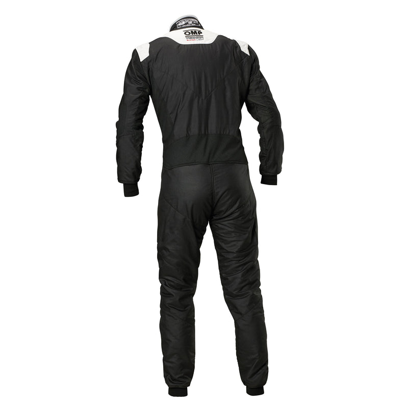 Back view of the OMP Tecnica Superlight Racing Suit FIA - SFI in Black and Silver color at FAST RACER.