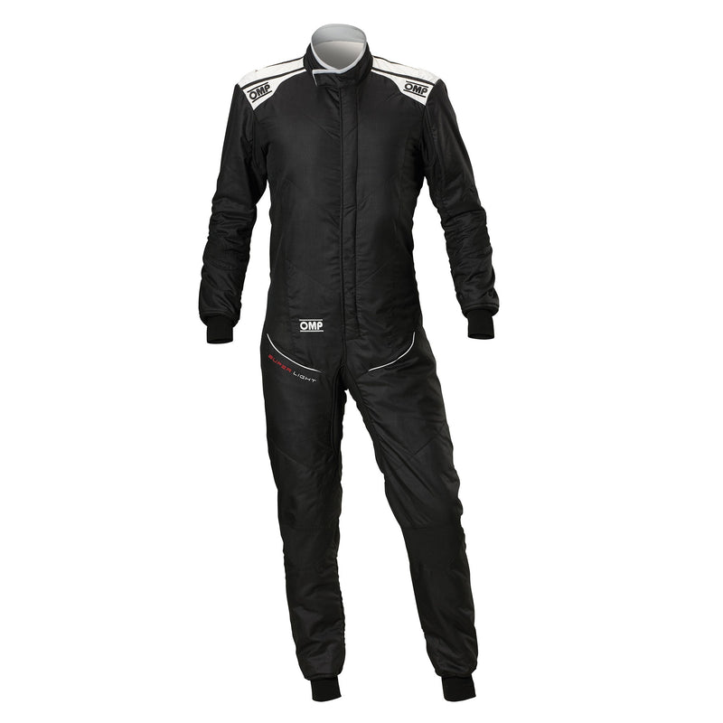 Front  view of the OMP Tecnica Superlight Racing Suit FIA - SFI in Black and Silver color at FAST RACER.
