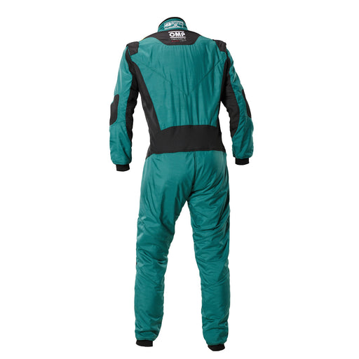 Back view of the OMP Tecnica Superlight Racing Suit FIA - SFI in Green and Black color at FAST RACER.