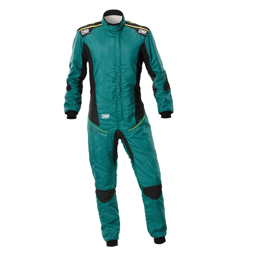 Front view of the OMP Tecnica Superlight Racing Suit FIA - SFI in Green and Black color at FAST RACER.