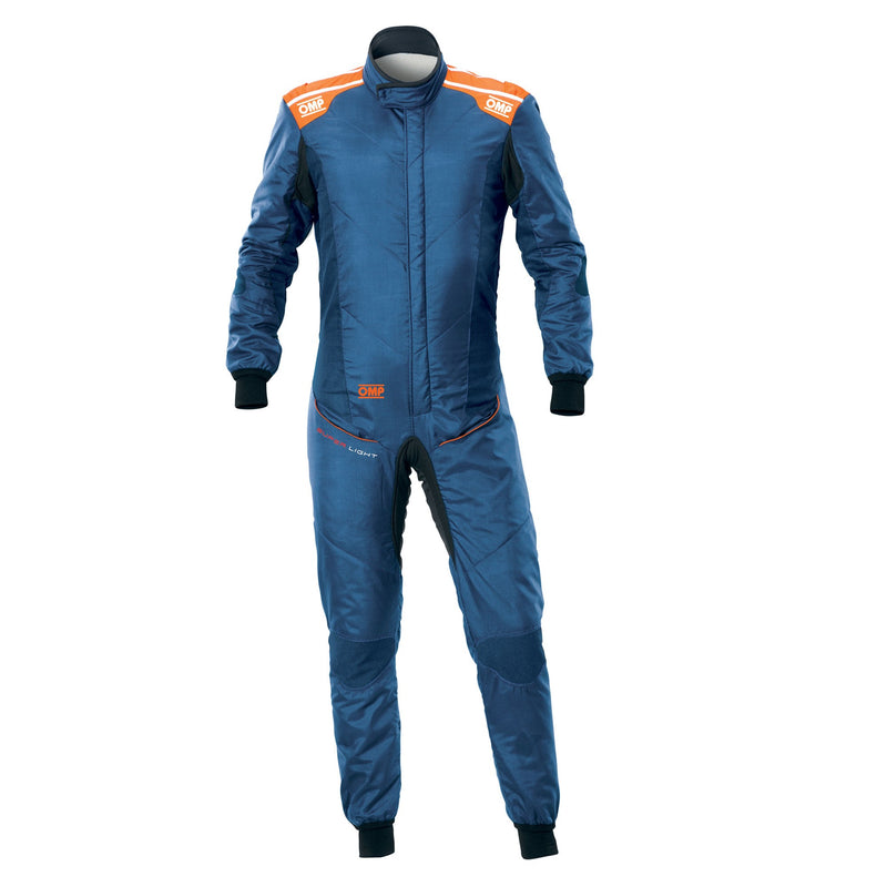 Front view of the OMP Tecnica Superlight Racing Suit FIA - SFI in Navy Blue and Fluo Orange color at FAST RACER.