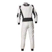 Back view of the OMP Tecnica Superlight Racing Suit FIA - SFI in White and Anthracite color at FAST RACER.