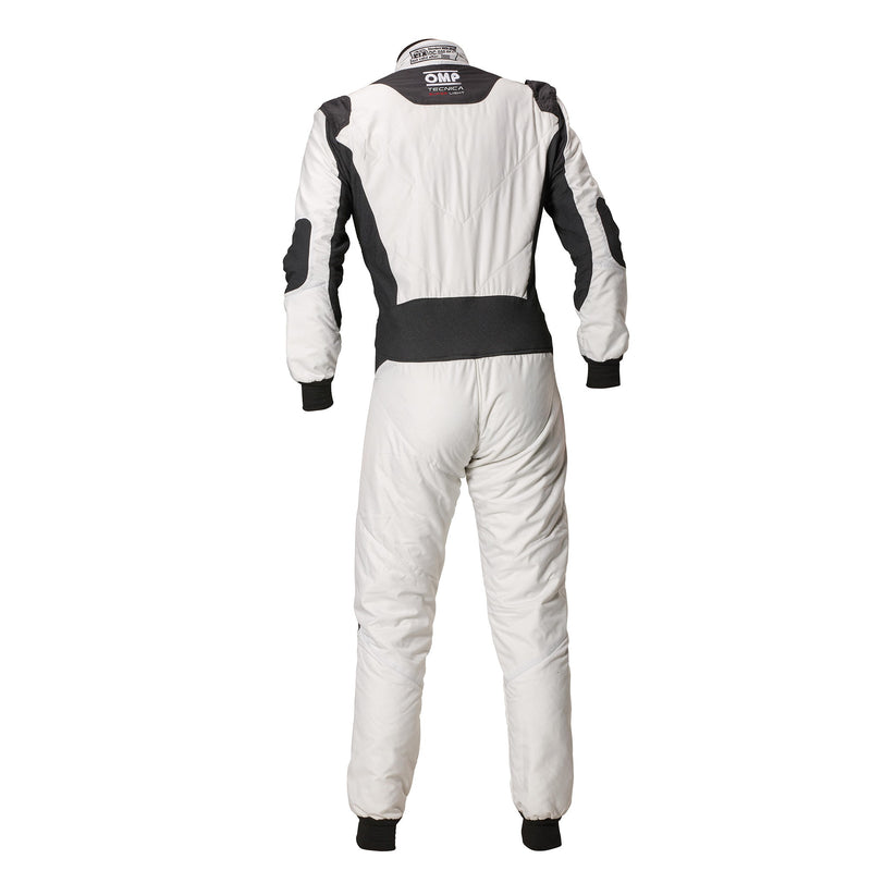 Back view of the OMP Tecnica Superlight Racing Suit FIA - SFI in White and Anthracite color at FAST RACER.