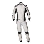 Front view of the OMP Tecnica Superlight Racing Suit FIA - SFI in White and Anthracite color at FAST RACER.