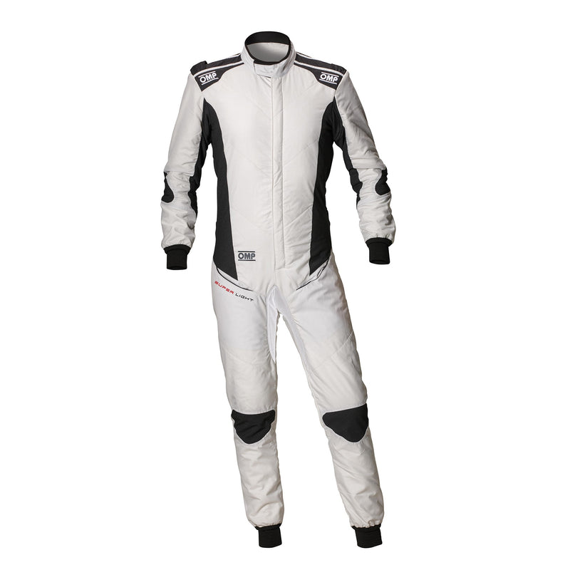Front view of the OMP Tecnica Superlight Racing Suit FIA - SFI in White and Anthracite color at FAST RACER.