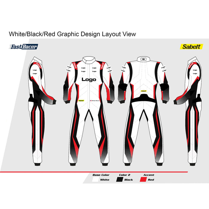 Sabelt TS-10 Sublimated Custom-fitted Racing Suit - White/Black/Red - Layout Views - Fast Racer