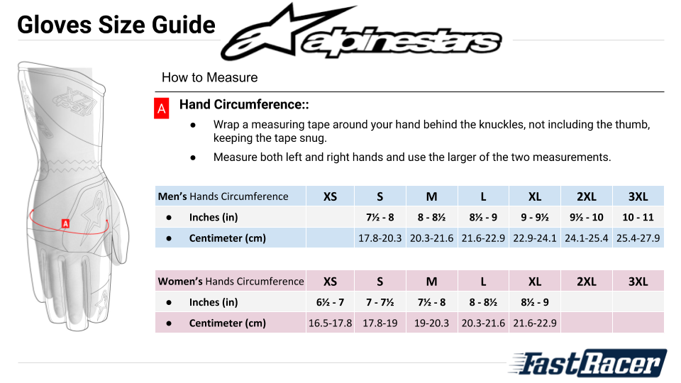 Alpinestars Kart Glove and Auto Racing Gloves Size Chart - Fast Racer