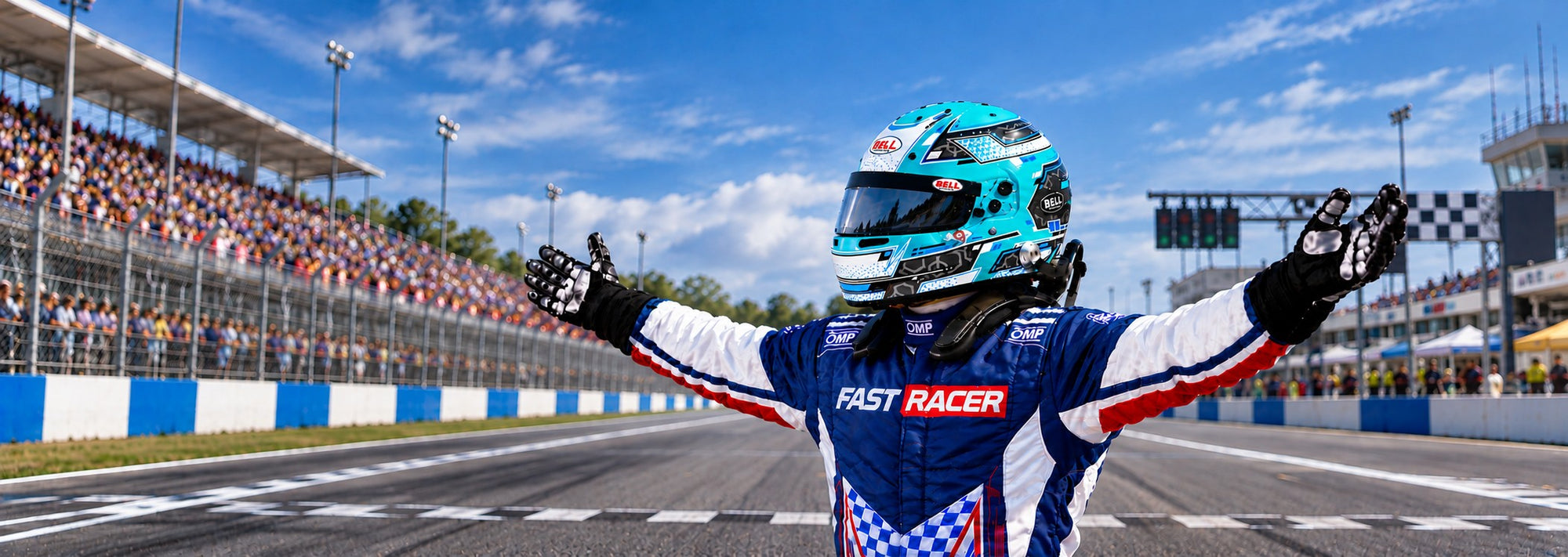 Racing Driver Wearing a Bell RS7 PRO Stamina Aquamarine Racing Helmet with Snell SA2025 Certification For Fast Racer.