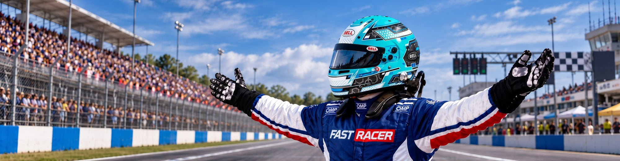 Racing Driver Wearing a Bell RS7 PRO Stamina Aquamarine Racing Helmet with Snell SA2025 Certification For Fast Racer.