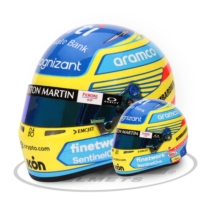 Bell 1:2 Scale F1 Mini Helmet Fernando Alonso 2023 Aston Martin - Normal Size vs Mini - Fast Racer