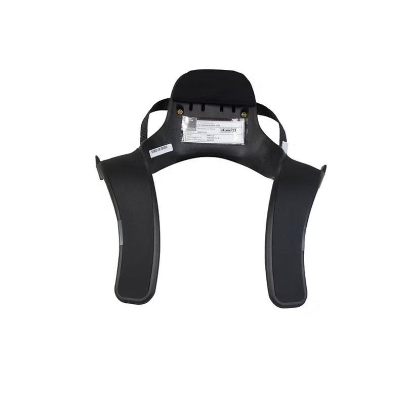 Stand21 Club 1 FHR head and neck restraint showing the rear structure, logo and sliding tether – Fast Racer