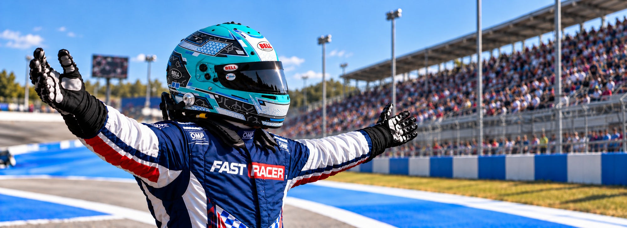 A race driver in a blue, white, and red racing suit with a Bell RS7 Stamina Racing Helmet celebrates with arms raised on a racetrack, with grandstands and a crowd in the background.