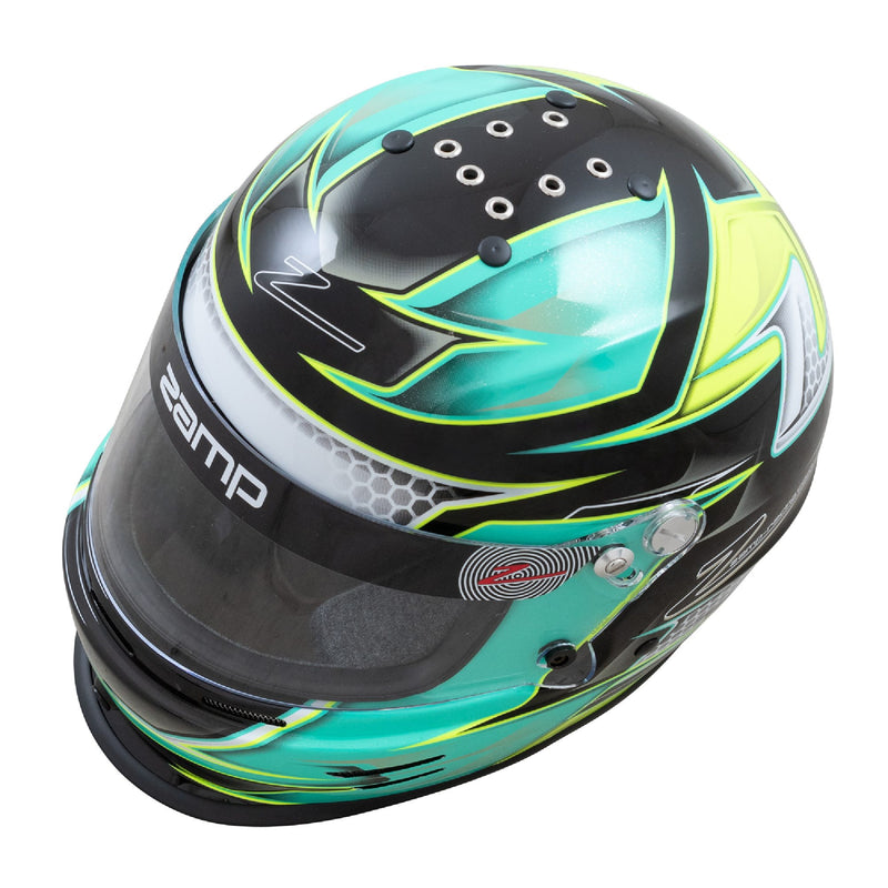Top left view of the Zamp RZ-42Y C3 Youth Graphic Racing Helmet Snell CMR2016 in Green/Silver color at FAST RACER