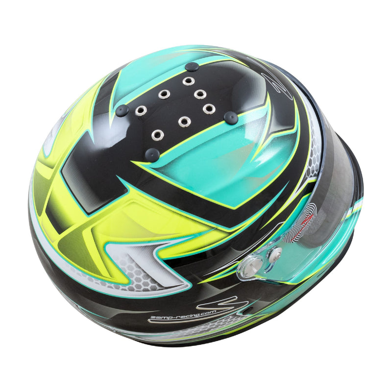 Top right view of the Zamp RZ-42Y C3 Youth Graphic Racing Helmet Snell CMR2016 in Green/Silver color at FAST RACER