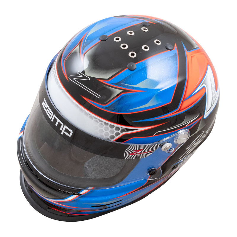 Top left view of the Zamp RZ-42Y C3 Youth Graphic Racing Helmet Snell CMR2016 in Orange/Blue color at FAST RACER