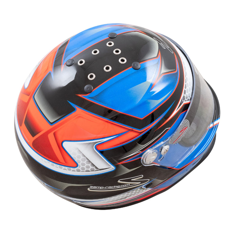 Top right view of the Zamp RZ-42Y C3 Youth Graphic Racing Helmet Snell CMR2016 in Orange/Blue color at FAST RACER
