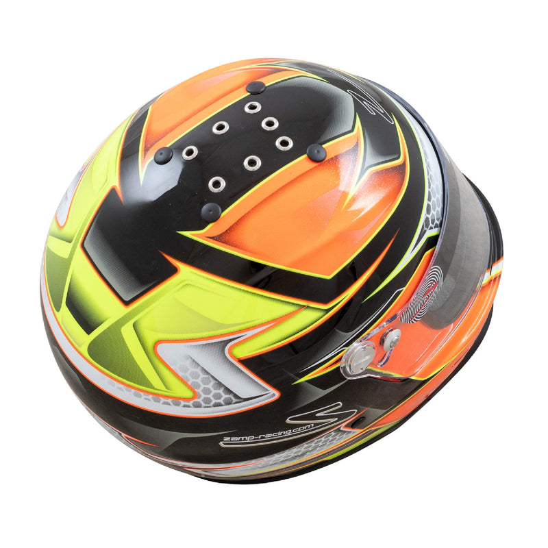Top right view of the Zamp RZ-42Y C3 Youth Graphic Racing Helmet Snell CMR2016 in Orange/Yellow color at FAST RACER
