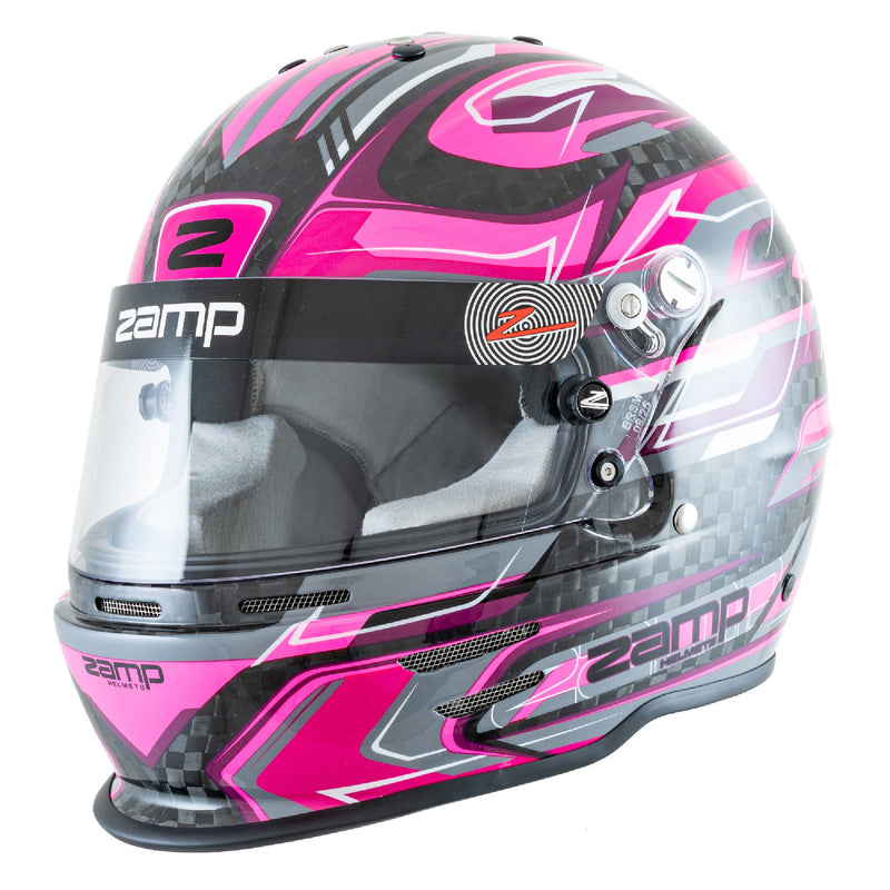 Main Left View of the Zamp RZ-48Y Carbon Graphics Youth Racing Helmet in Flo Pink color at FAST RACER