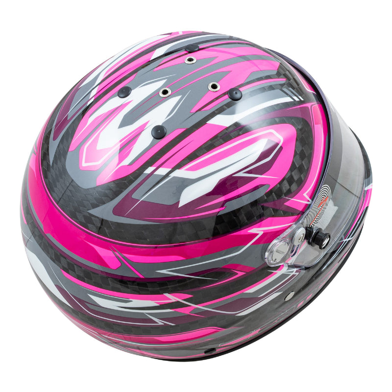Top right view of the Zamp RZ-48Y Carbon Graphics Youth Racing Helmet in Flo Pink color at FAST RACER