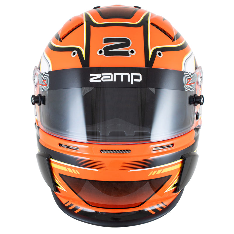 Front view of the Zamp RZ-70S Graphic Racing Helmet - Snell SA2025 in Orange color at FAST RACER.