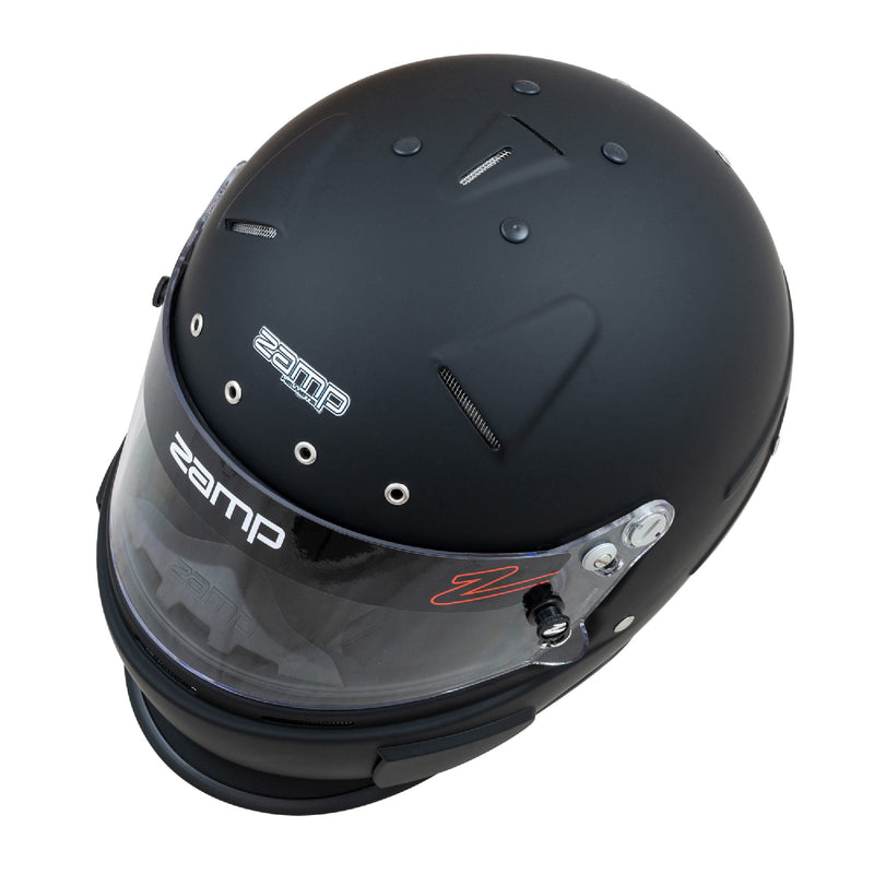 Top left view of the Zamp RZ-70S Racing Helmet SA2025 in Matte Black color at FAST RACER