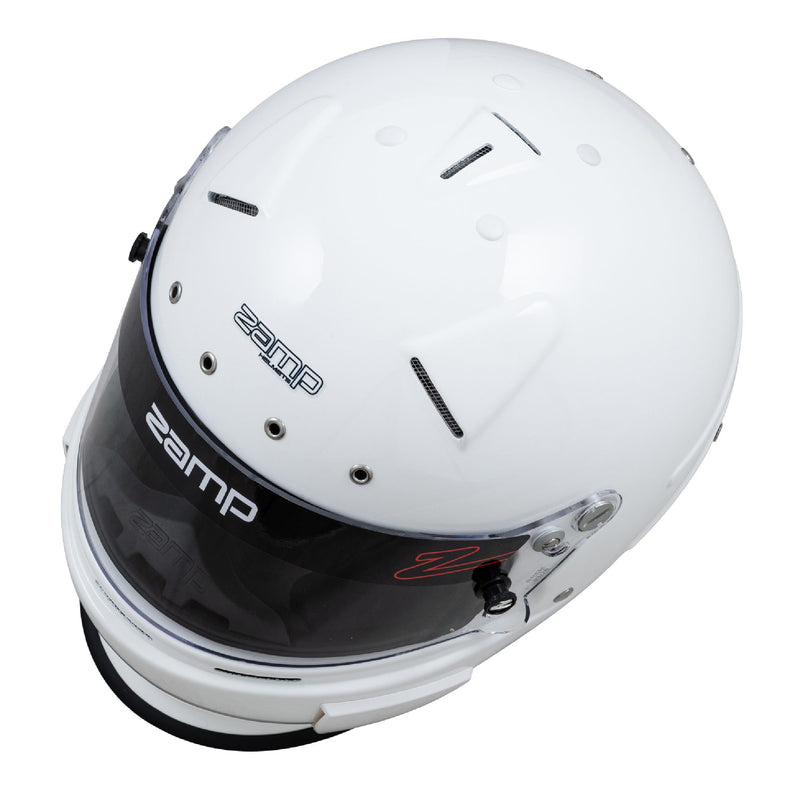 Top left view of the Zamp RZ-70S Racing Helmet SA2025 in Gloss white color at FAST RACER