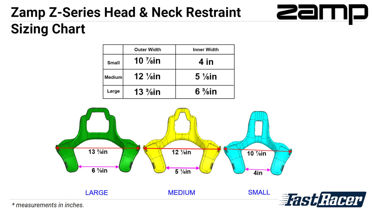Zamp Z-Tech Series Head and Neck Restraint Size Chart - Fast Racer