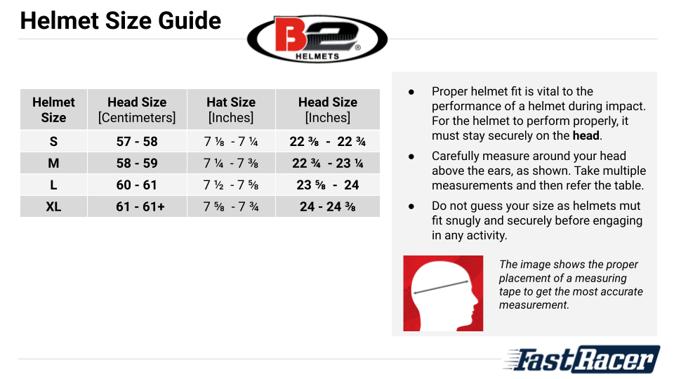B2 Helmets Kart Racing Automotive Size Chart