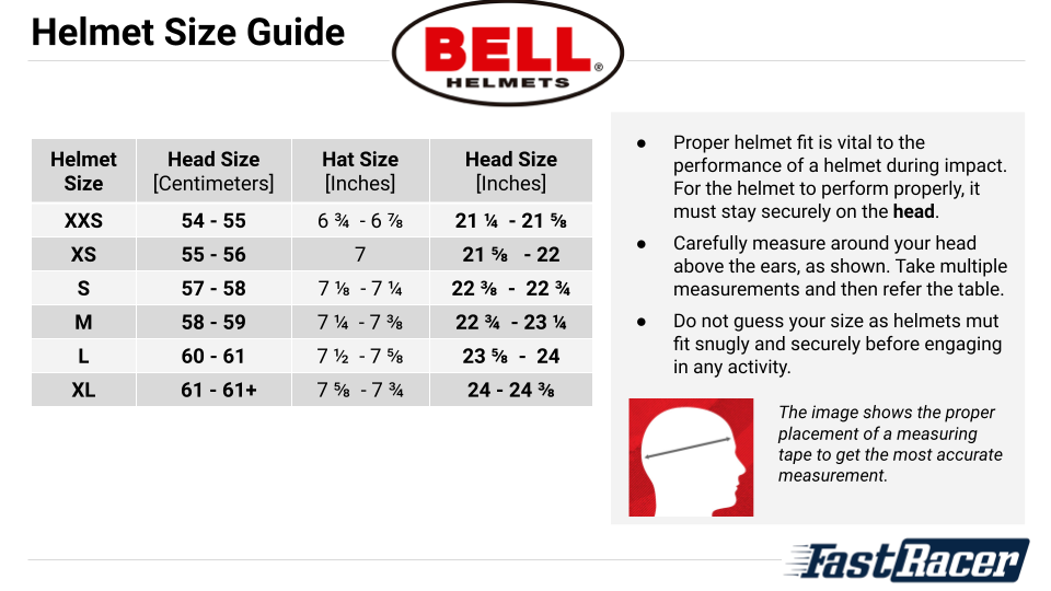 Bell Racing Helmets - Sizing Guide - Small to X-Large - Fast Racer