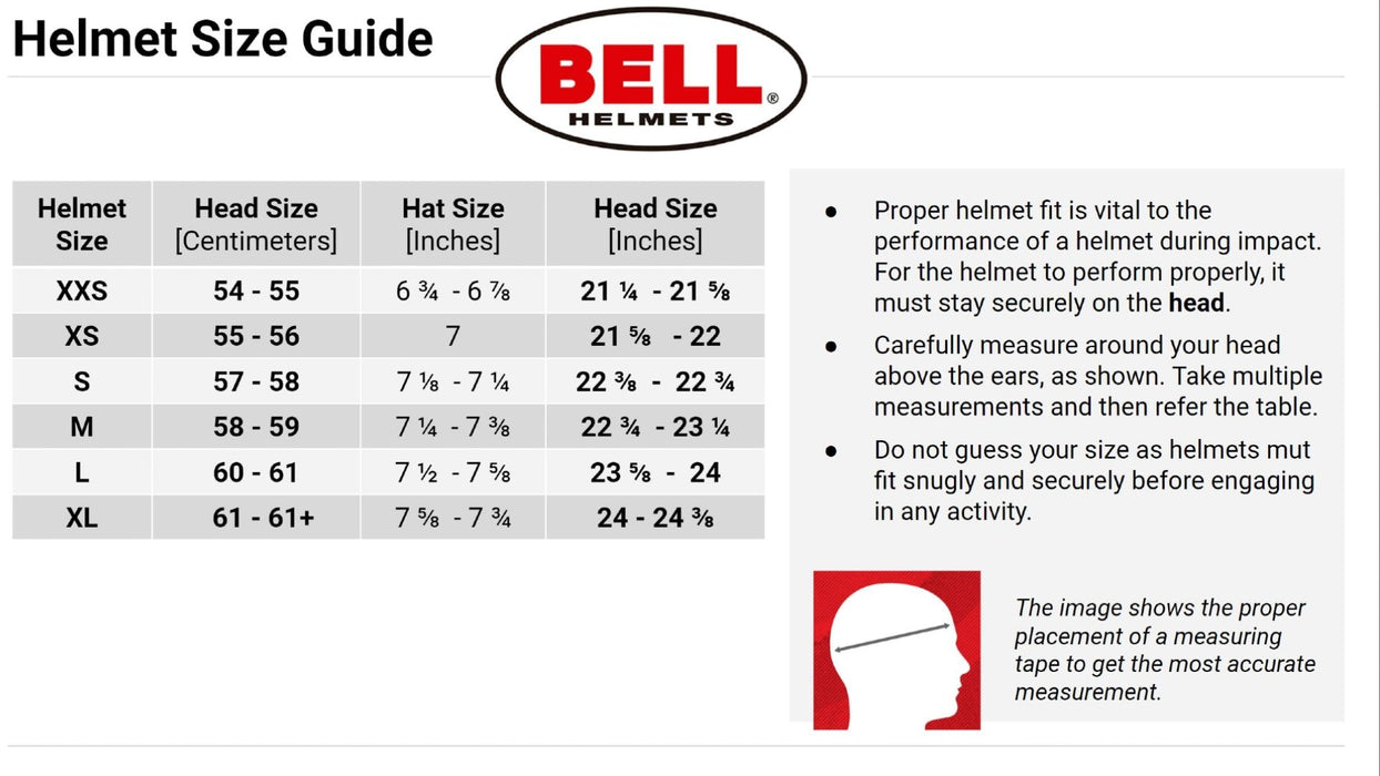 Bell Helmets Kart Racing Automotive Size Chart