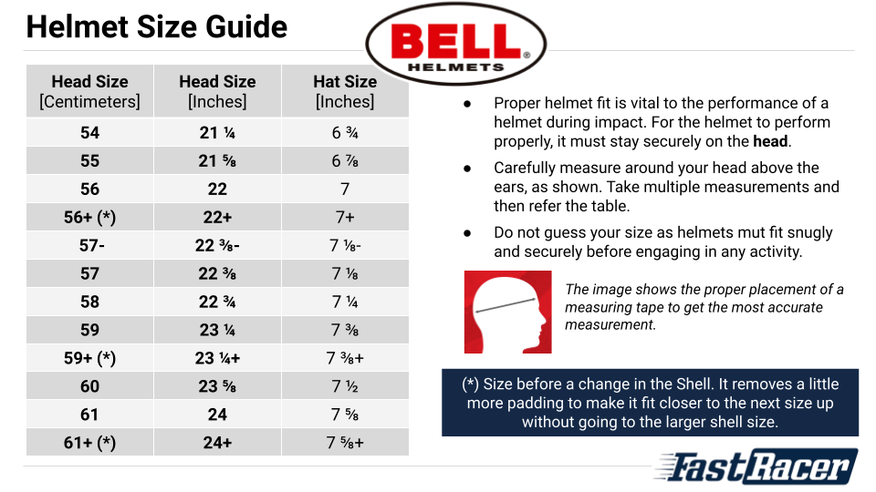 Bell Carbon Fiber Helmets - Size Chart - Fast Racer