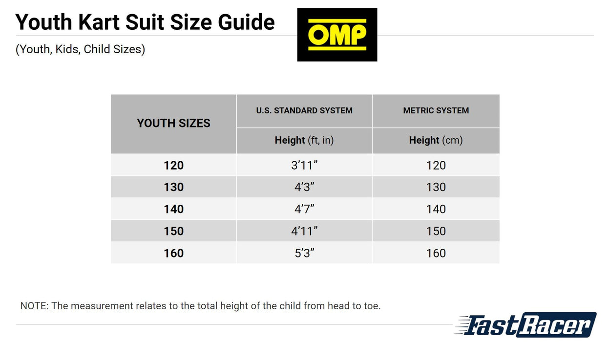 OMP Kart Suit, Youth, Child, Kids Size - Sizing Guide - Fast Racer