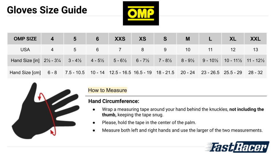 OMP Go Kart Gloves Size Chart - Fast Racer