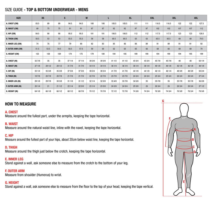 Alpinestars Size Guide - Top & Bottom Underwear - Mens - Fast Racer