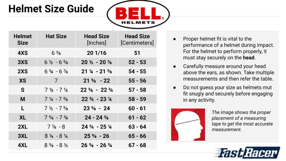 Bell Helmets Kart Racing Automotive Size Chart
