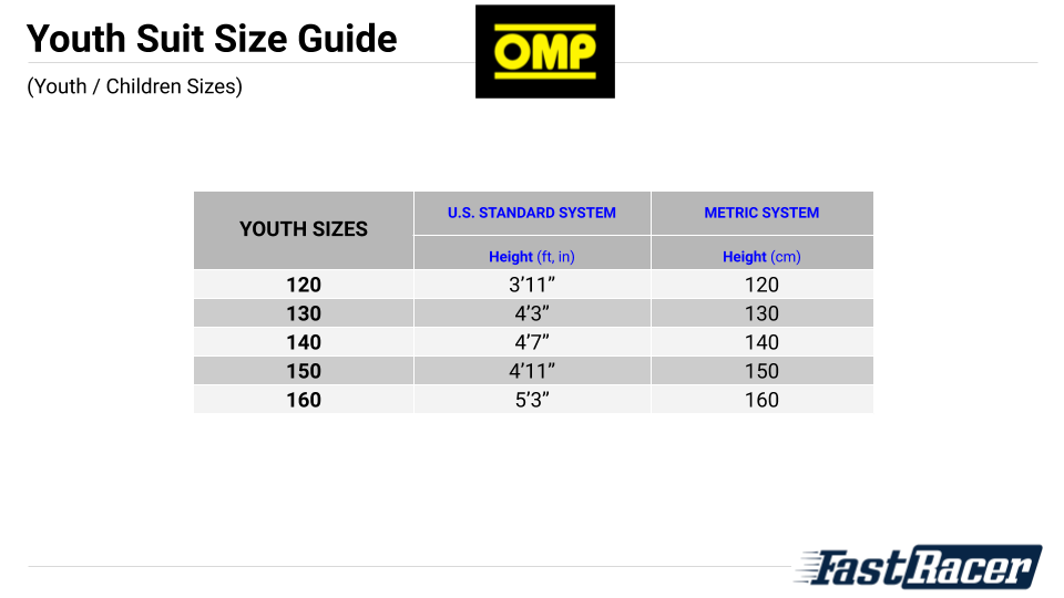 Sizing Chart OMP Race Kart Youth Kids Suit - Fast Racer