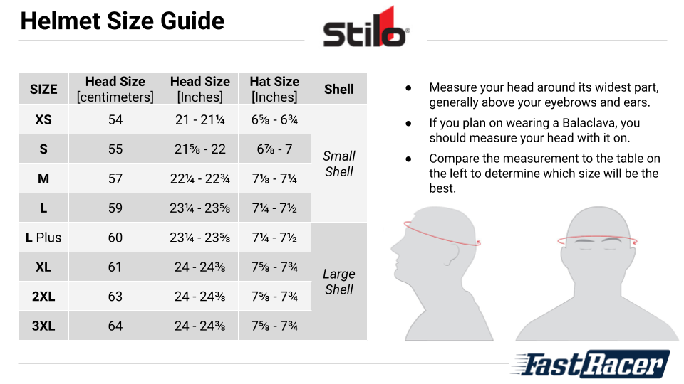 Stilo Helmets - Size Chart - Racing Helmets and Kart Helmets - Fast Racer