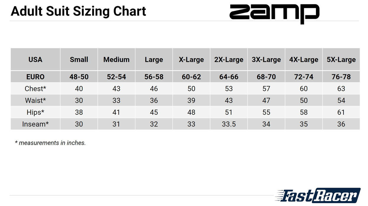 Zamp Racing Aduit Suit Sizing Chart - Fast Racer