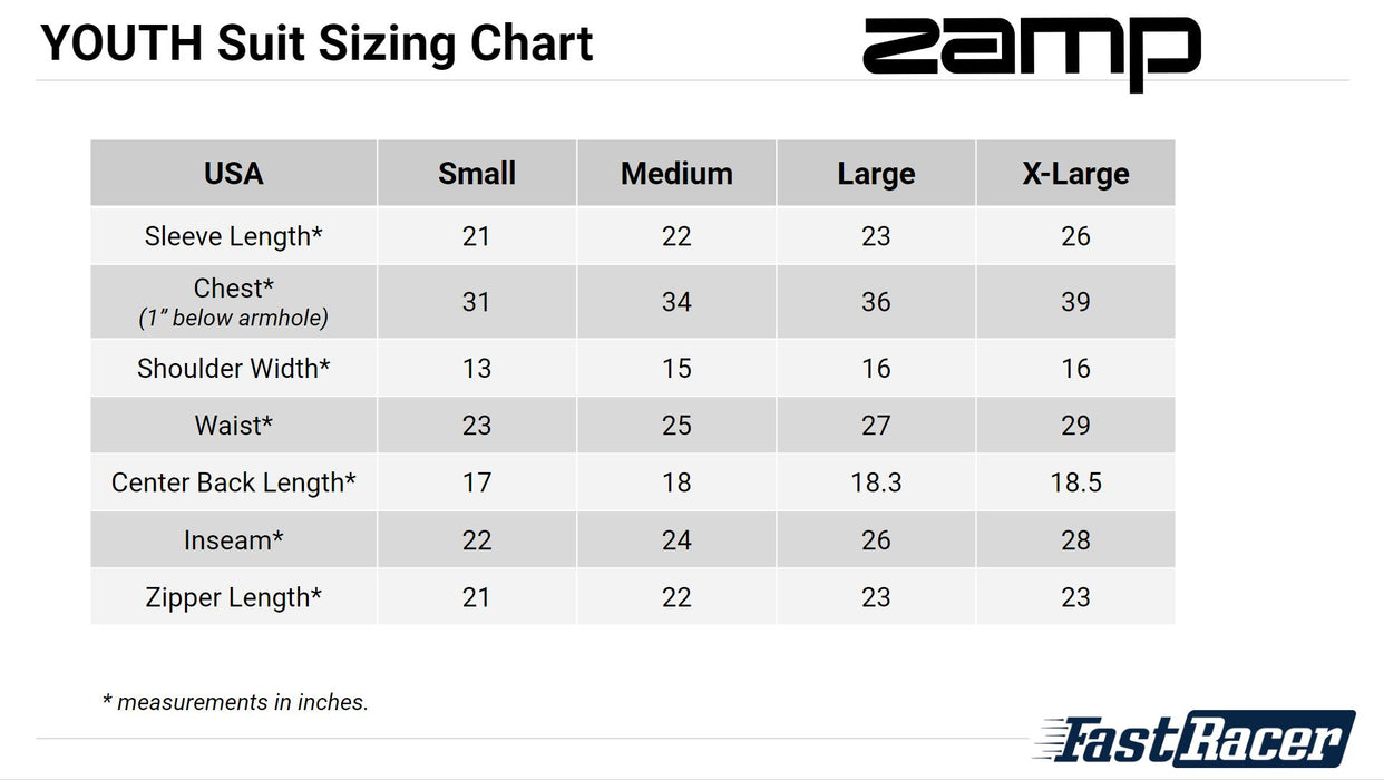 Zamp Racing Youth Suit Sizing Chart - Fast Racer