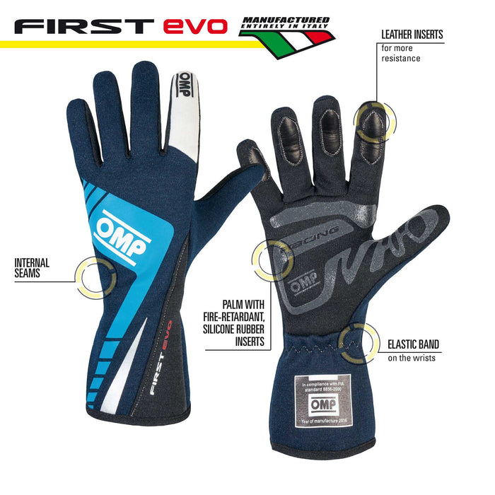 OMP | FIRST EVO Racing Gloves - Navy Blue Pair Explanation - FAST RACER
