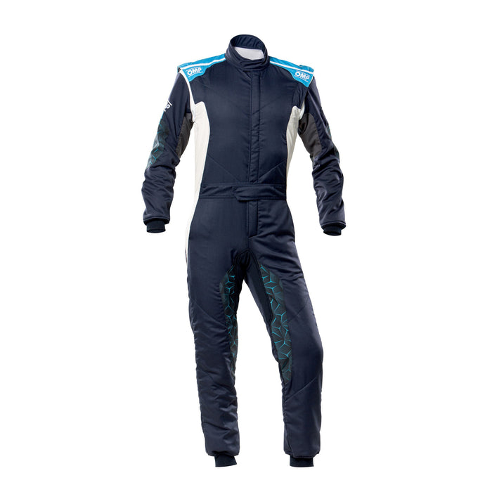 OMP Tecnica Hybrid Racing Suit - Blue/Cyan - Front - Fast Racer